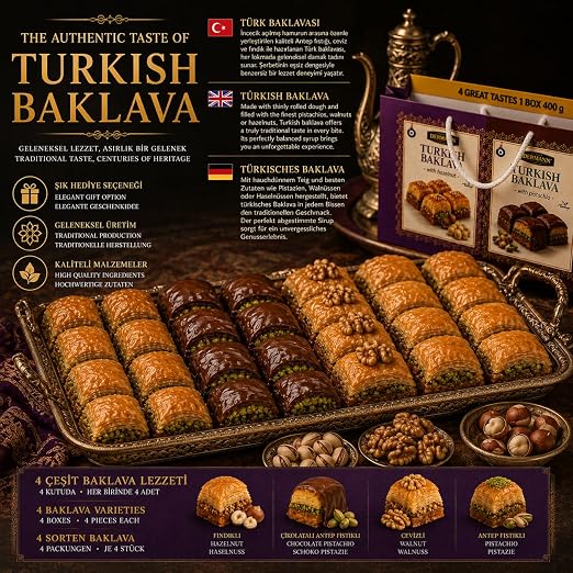 Baklava hediye seti 400 g – 4 çeşit birinci sınıf Baklava, fıstık, ceviz, fındık ve çikolata fıstıklı