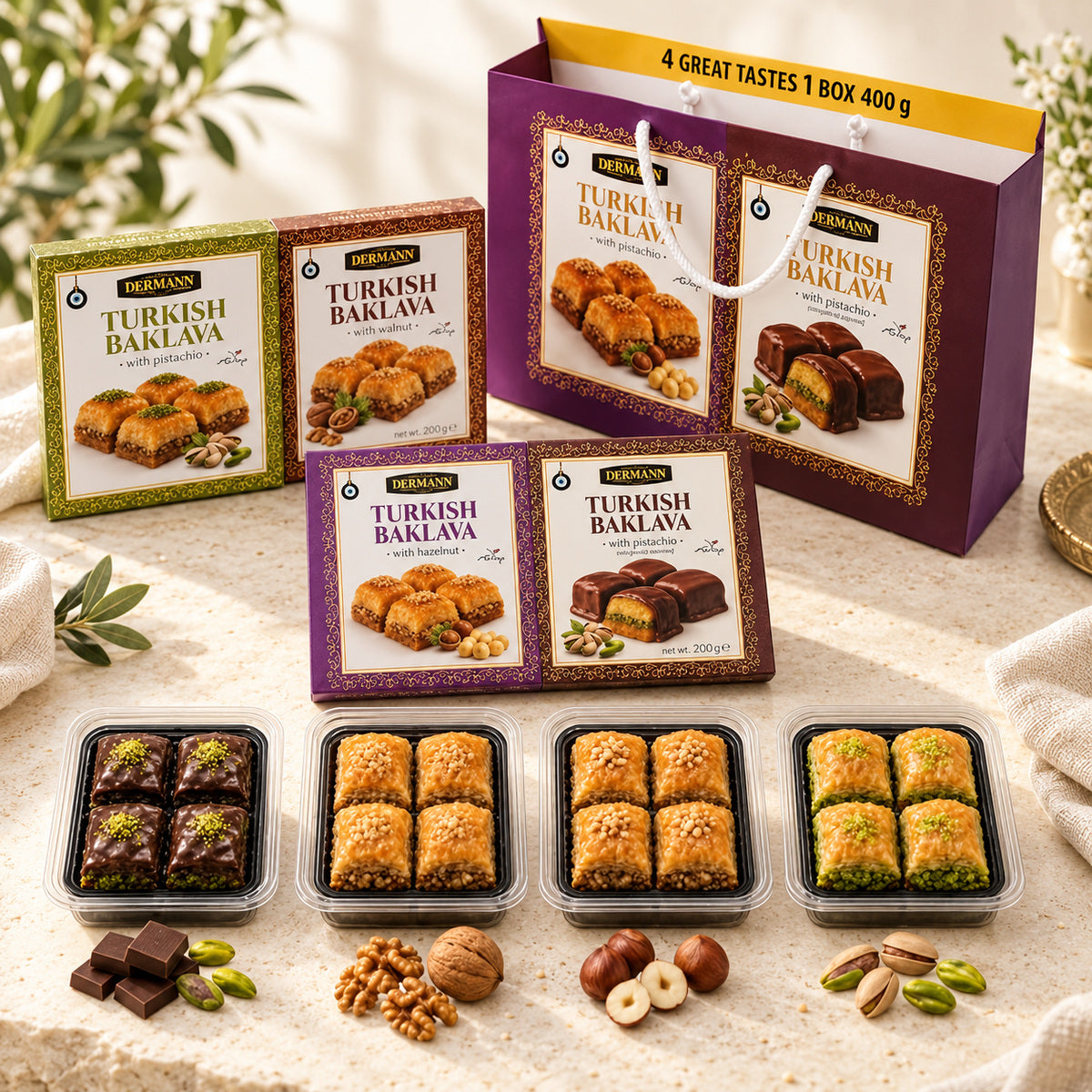 Baklava hediye seti 400 g – 4 çeşit birinci sınıf Baklava, fıstık, ceviz, fındık ve çikolata fıstıklı