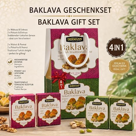 Baklava Seti 500 g – 16 adet Türk tatlıları | hediye torbasında 4 tekli paket | 2 × 125 g baklava, antep fıstığı ve yer fıstıklı 2 × 125 g baklava, ceviz ve fıstık.