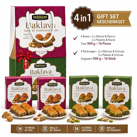 Baklava Seti 500 g – 16 adet Türk tatlıları | hediye torbasında 4 tekli paket | 2 × 125 g baklava, antep fıstığı ve yer fıstıklı 2 × 125 g baklava, ceviz ve fıstık.