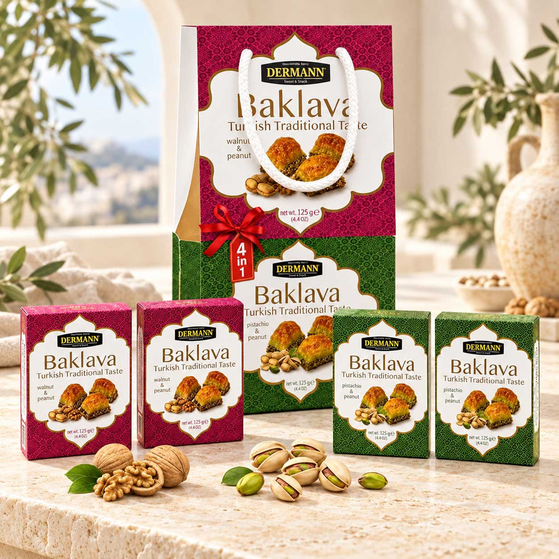 Baklava Seti 500 g – 16 adet Türk tatlıları | hediye torbasında 4 tekli paket | 2 × 125 g baklava, antep fıstığı ve yer fıstıklı 2 × 125 g baklava, ceviz ve fıstık.